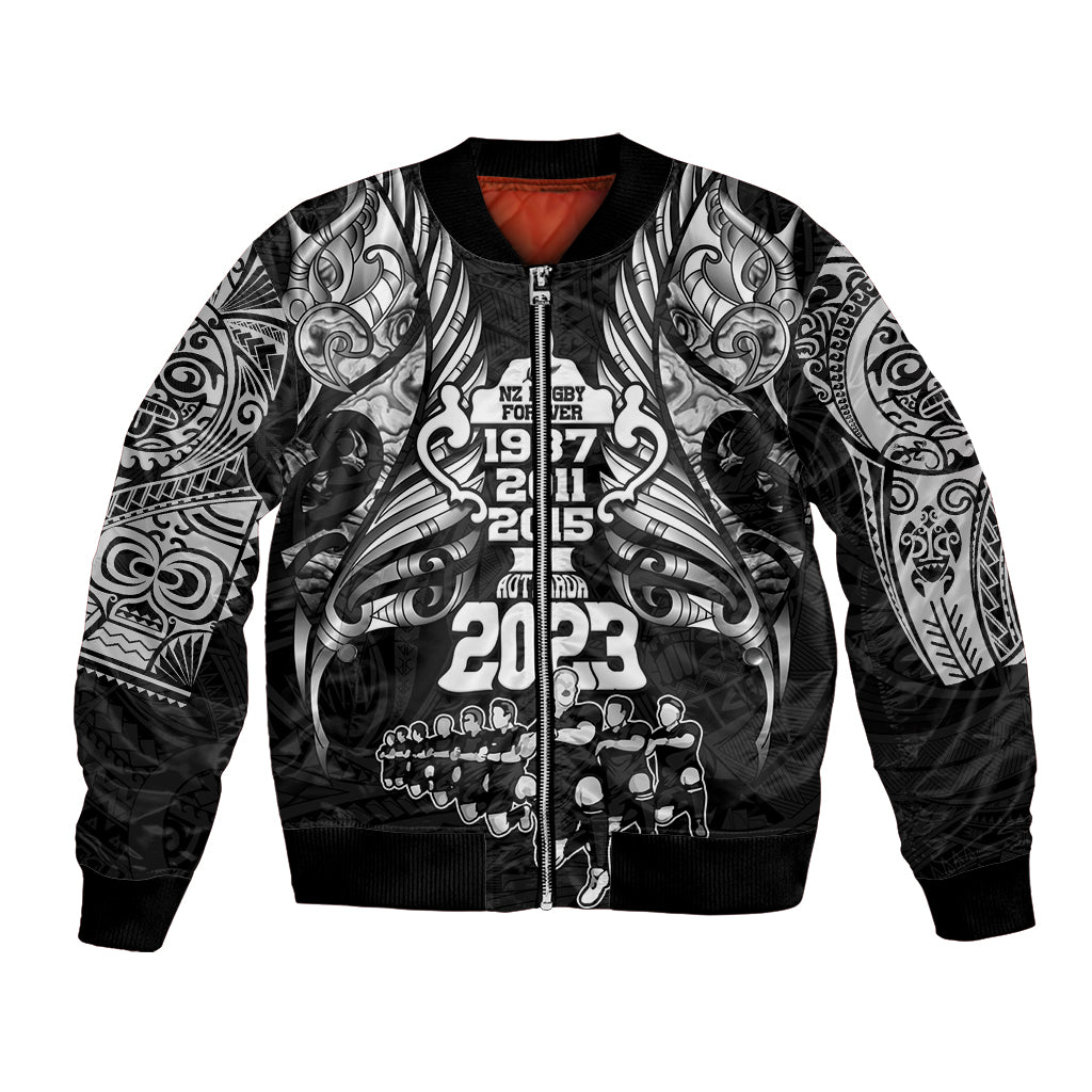 New Zealand Rugby Bomber Jacket Black Haka Dance With NZ Champions History LT9 Unisex Black - Polynesian Pride