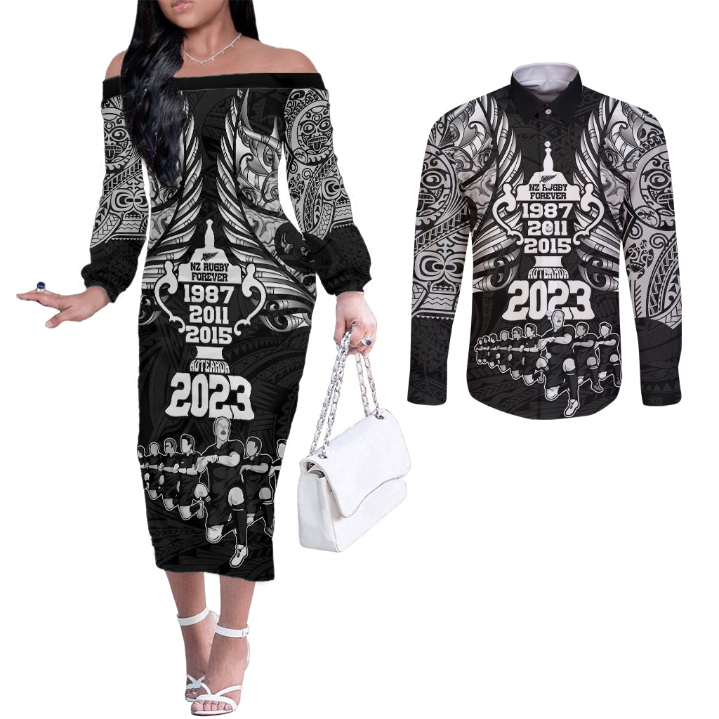 New Zealand Rugby Couples Matching Off The Shoulder Long Sleeve Dress and Long Sleeve Button Shirt Black Haka Dance With NZ Champions History LT9 Black - Polynesian Pride