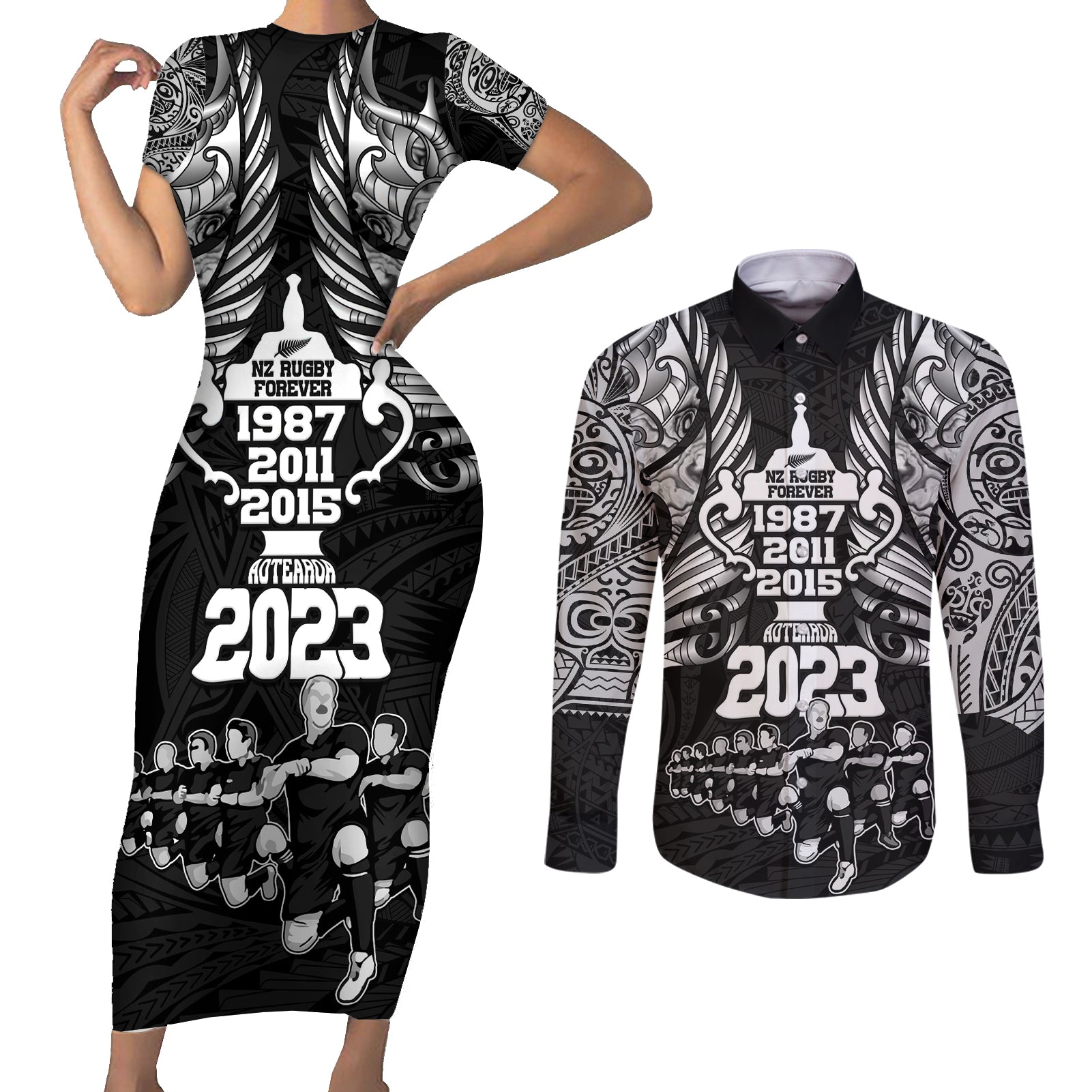 New Zealand Rugby Couples Matching Short Sleeve Bodycon Dress and Long Sleeve Button Shirt Black Haka Dance With NZ Champions History LT9 Black - Polynesian Pride