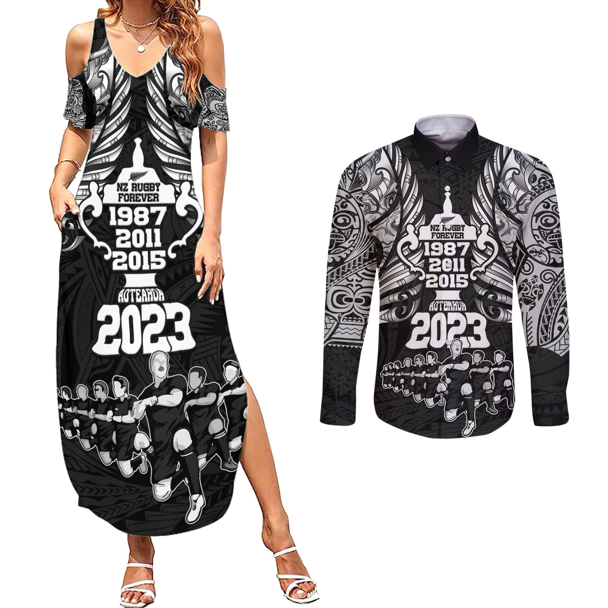 New Zealand Rugby Couples Matching Summer Maxi Dress and Long Sleeve Button Shirt Black Haka Dance With NZ Champions History LT9 Black - Polynesian Pride