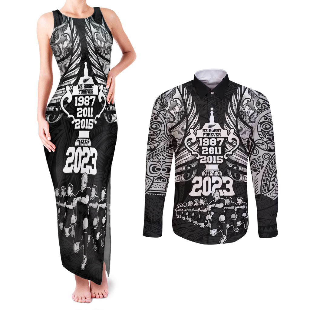 New Zealand Rugby Couples Matching Tank Maxi Dress and Long Sleeve Button Shirt Black Haka Dance With NZ Champions History LT9 Black - Polynesian Pride