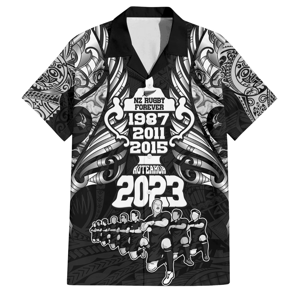 New Zealand Rugby Family Matching Puletasi Dress and Hawaiian Shirt Black Haka Dance With NZ Champions History LT9 Dad's Shirt - Short Sleeve Black - Polynesian Pride