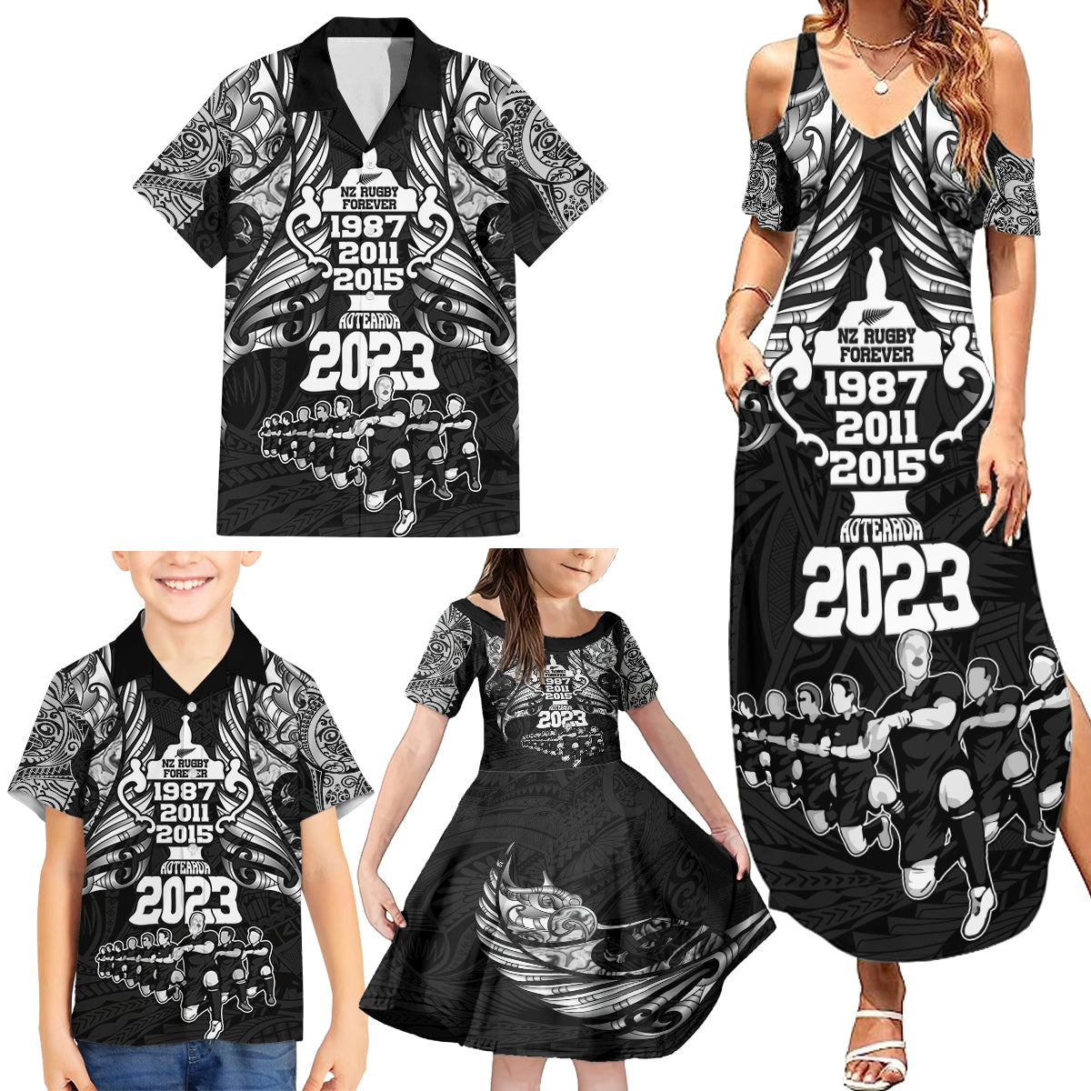 New Zealand Rugby Family Matching Summer Maxi Dress and Hawaiian Shirt Black Haka Dance With NZ Champions History LT9 - Polynesian Pride