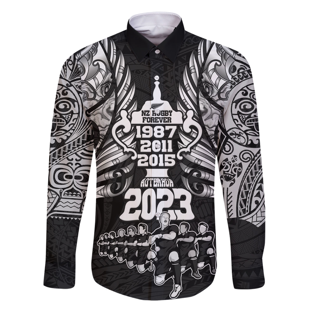 New Zealand Rugby Family Matching Tank Maxi Dress and Hawaiian Shirt Black Haka Dance With NZ Champions History LT9 Dad's Shirt - Long Sleeve Black - Polynesian Pride