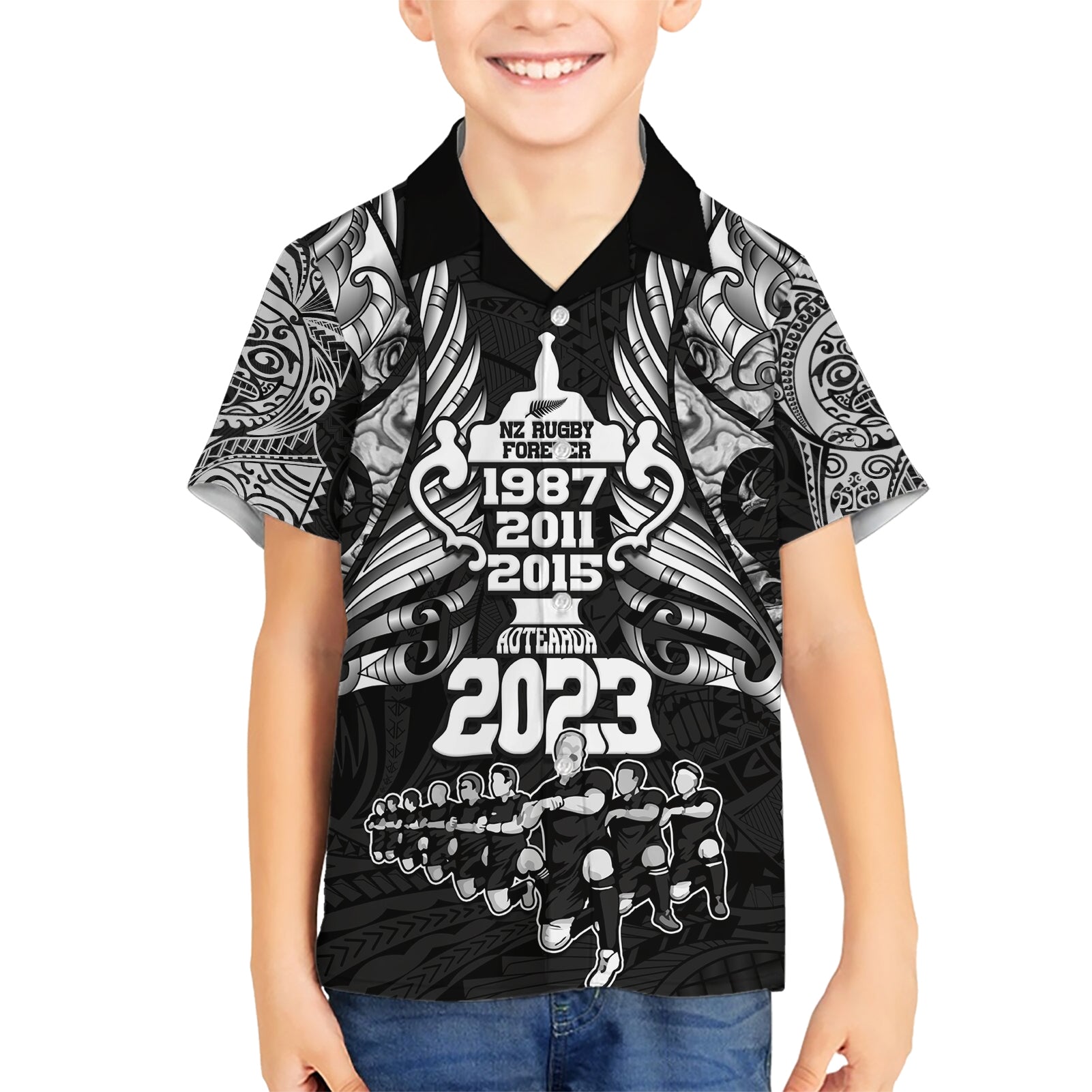 New Zealand Rugby Kid Hawaiian Shirt Black Haka Dance With NZ Champions History LT9 Kid Black - Polynesian Pride