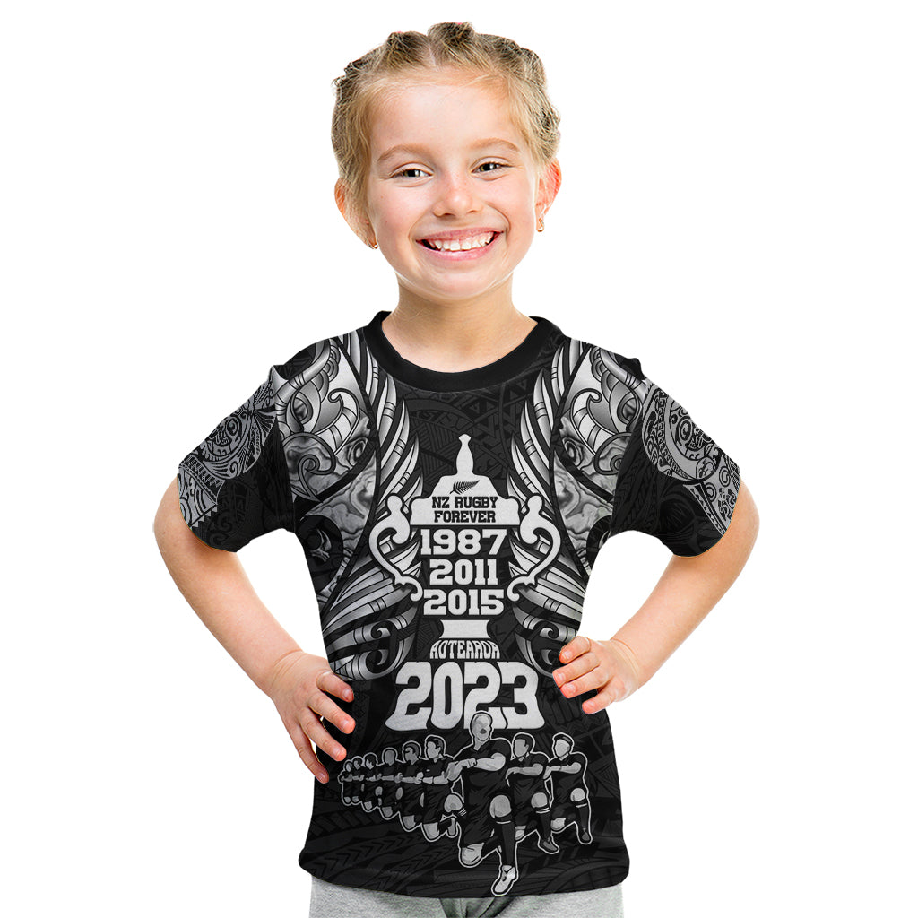 New Zealand Rugby Kid T Shirt Black Haka Dance With NZ Champions History LT9 Black - Polynesian Pride