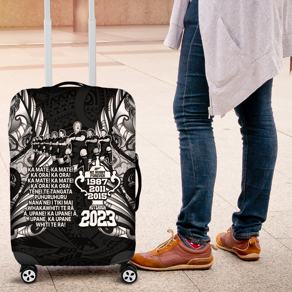 New Zealand Rugby Luggage Cover Black Haka Dance With NZ Champions History LT9 Black - Polynesian Pride