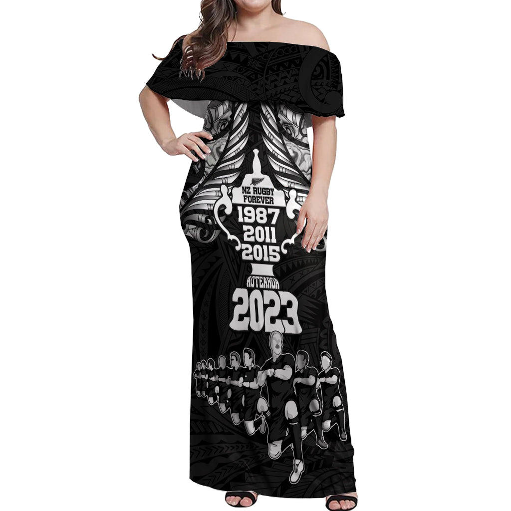 New Zealand Rugby Off Shoulder Maxi Dress Black Haka Dance With NZ Champions History LT9 Women Black - Polynesian Pride