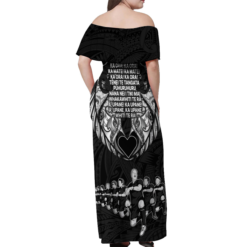 New Zealand Rugby Off Shoulder Maxi Dress Black Haka Dance With NZ Champions History LT9 - Polynesian Pride