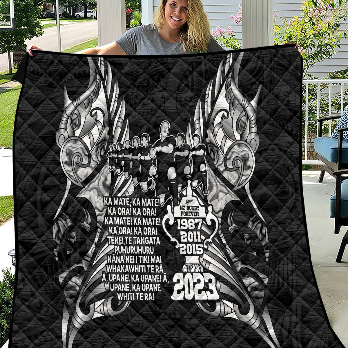 New Zealand Rugby Quilt Black Haka Dance With NZ Champions History LT9 Black - Polynesian Pride