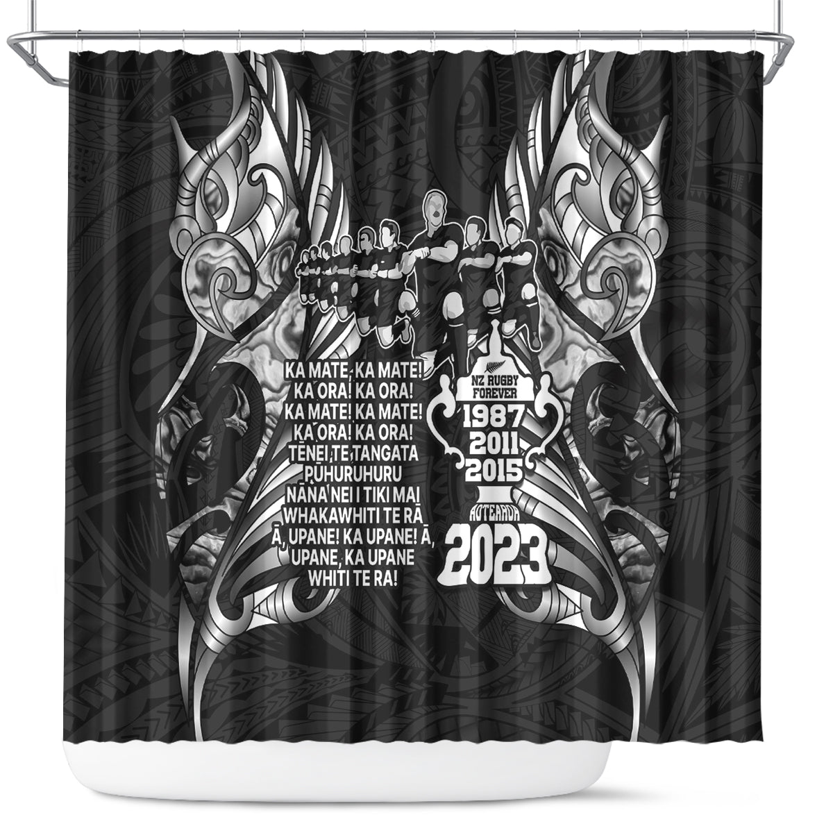 New Zealand Rugby Shower Curtain Black Haka Dance With NZ Champions History LT9 Black - Polynesian Pride