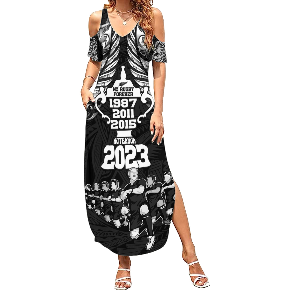 New Zealand Rugby Summer Maxi Dress Black Haka Dance With NZ Champions History LT9 Women Black - Polynesian Pride