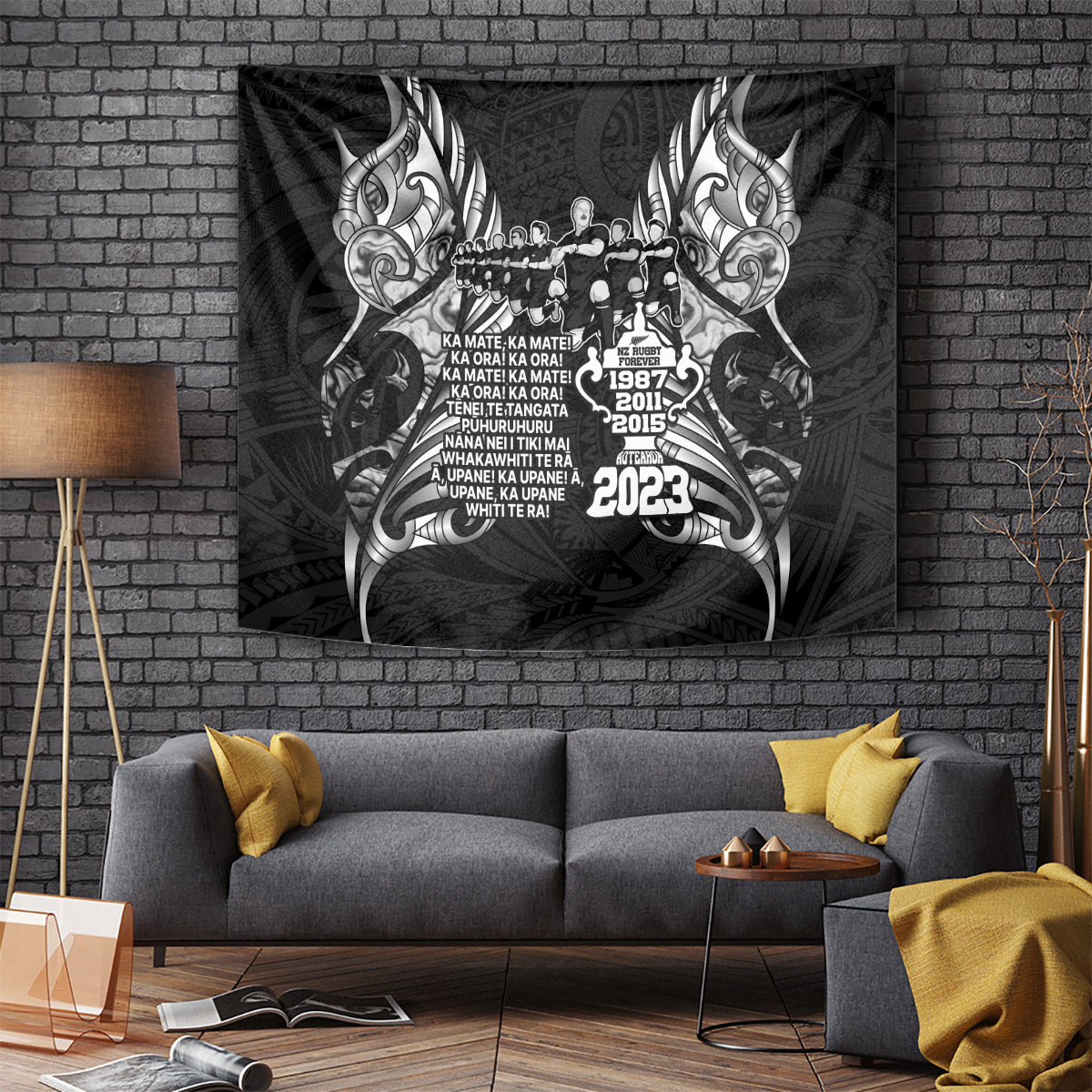 New Zealand Rugby Tapestry Black Haka Dance With NZ Champions History LT9 Black - Polynesian Pride