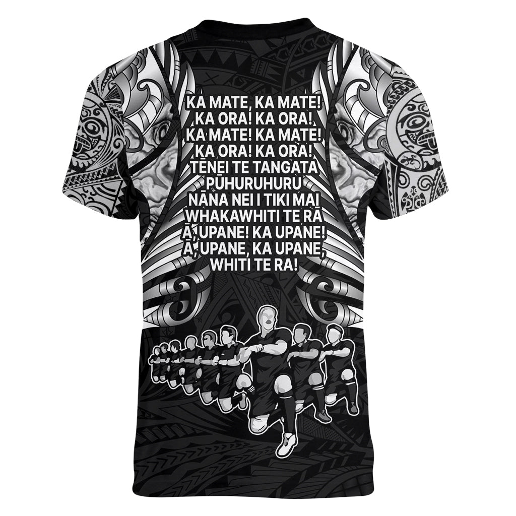 New Zealand Rugby Women V Neck T Shirt Black Haka Dance With NZ Champions History LT9 - Polynesian Pride