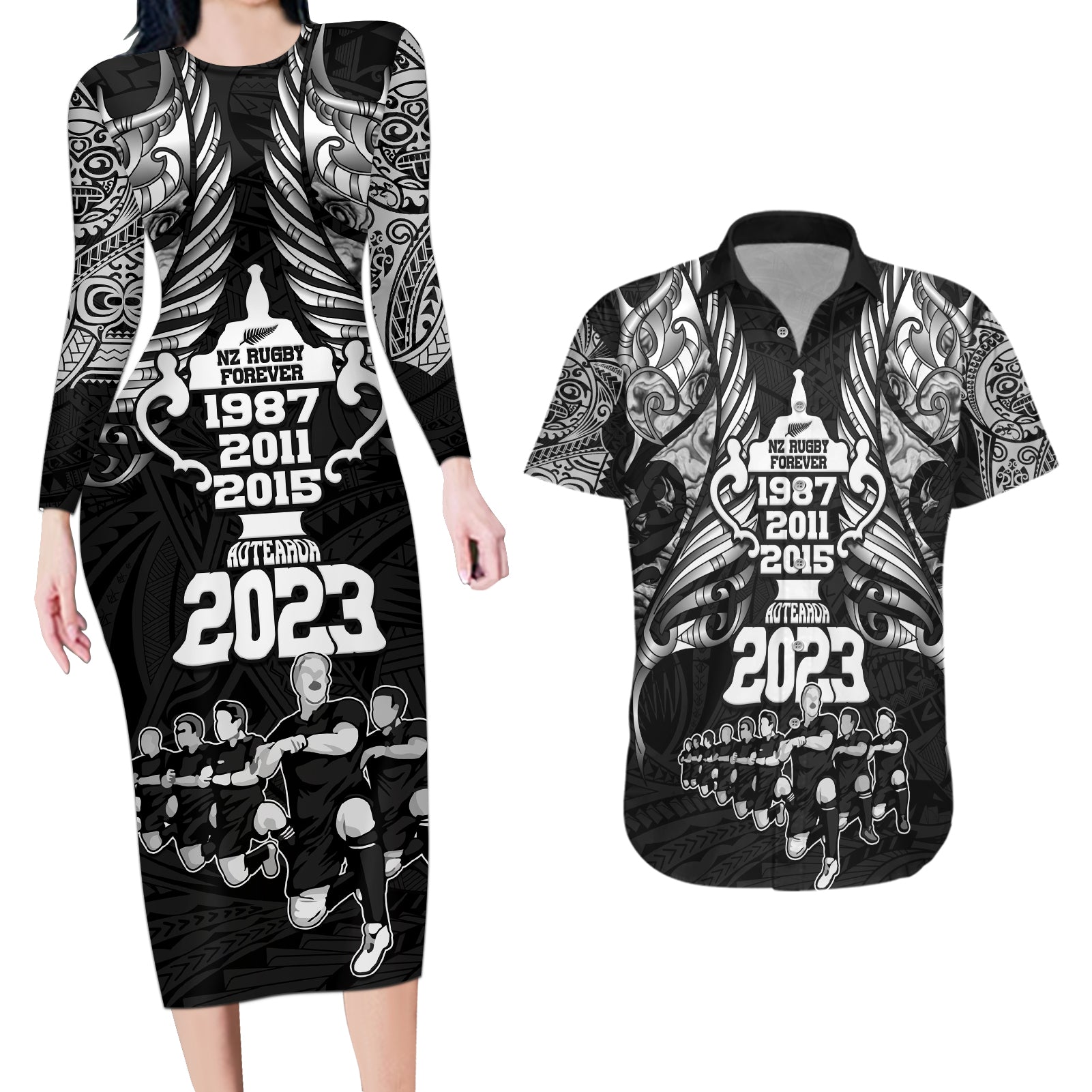 Custom New Zealand Rugby Couples Matching Long Sleeve Bodycon Dress and Hawaiian Shirt Black Haka Dance With NZ Champions History LT9 Black - Polynesian Pride