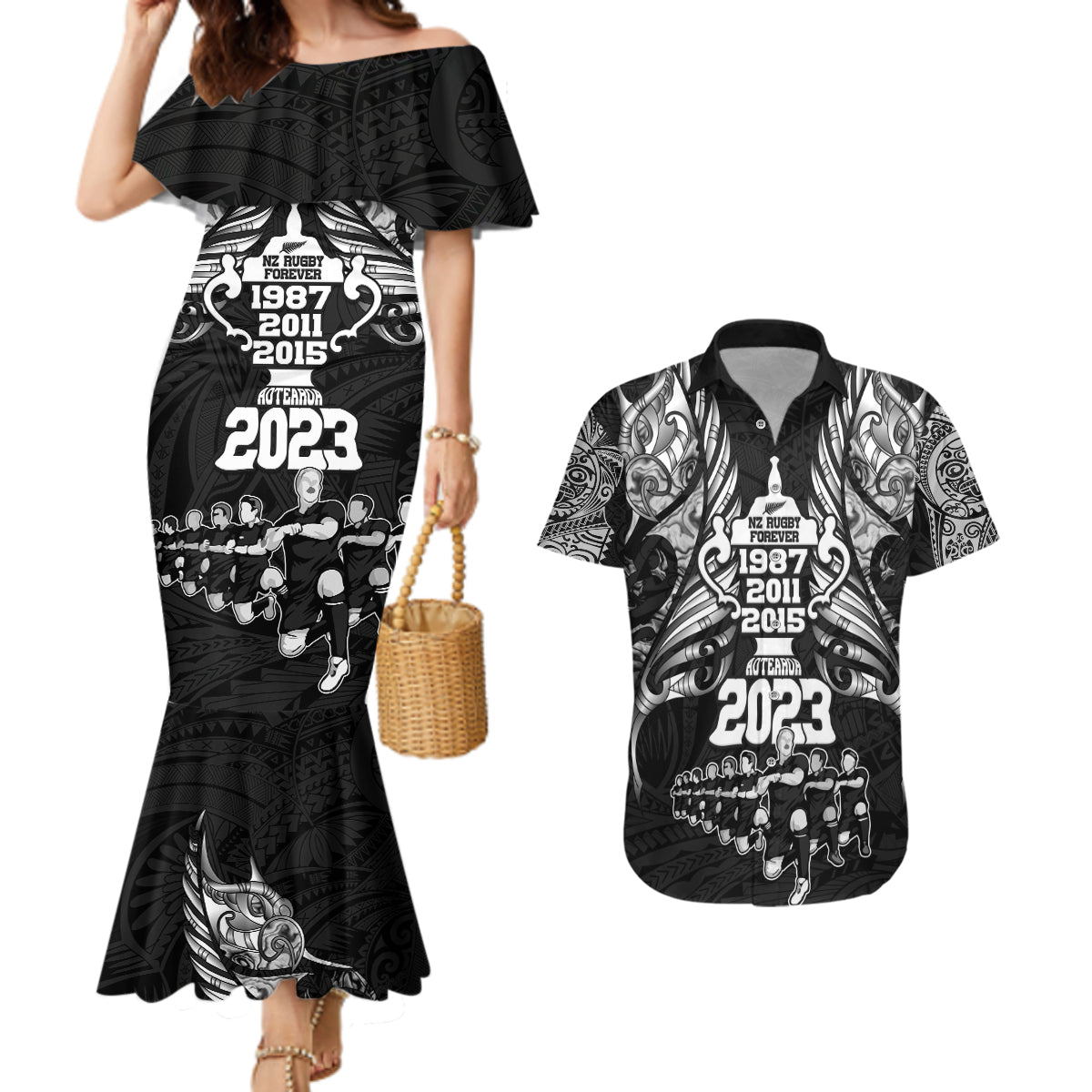 Custom New Zealand Rugby Couples Matching Mermaid Dress and Hawaiian Shirt Black Haka Dance With NZ Champions History LT9 Black - Polynesian Pride