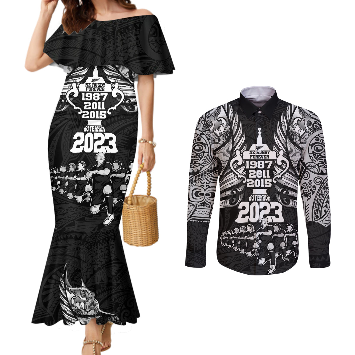 Custom New Zealand Rugby Couples Matching Mermaid Dress and Long Sleeve Button Shirt Black Haka Dance With NZ Champions History LT9 Black - Polynesian Pride