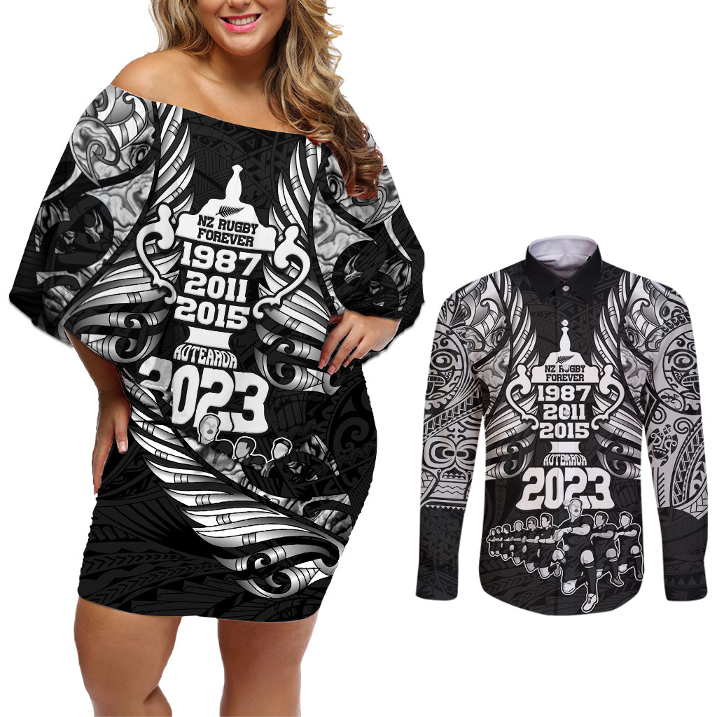 Custom New Zealand Rugby Couples Matching Off Shoulder Short Dress and Long Sleeve Button Shirt Black Haka Dance With NZ Champions History LT9 Black - Polynesian Pride