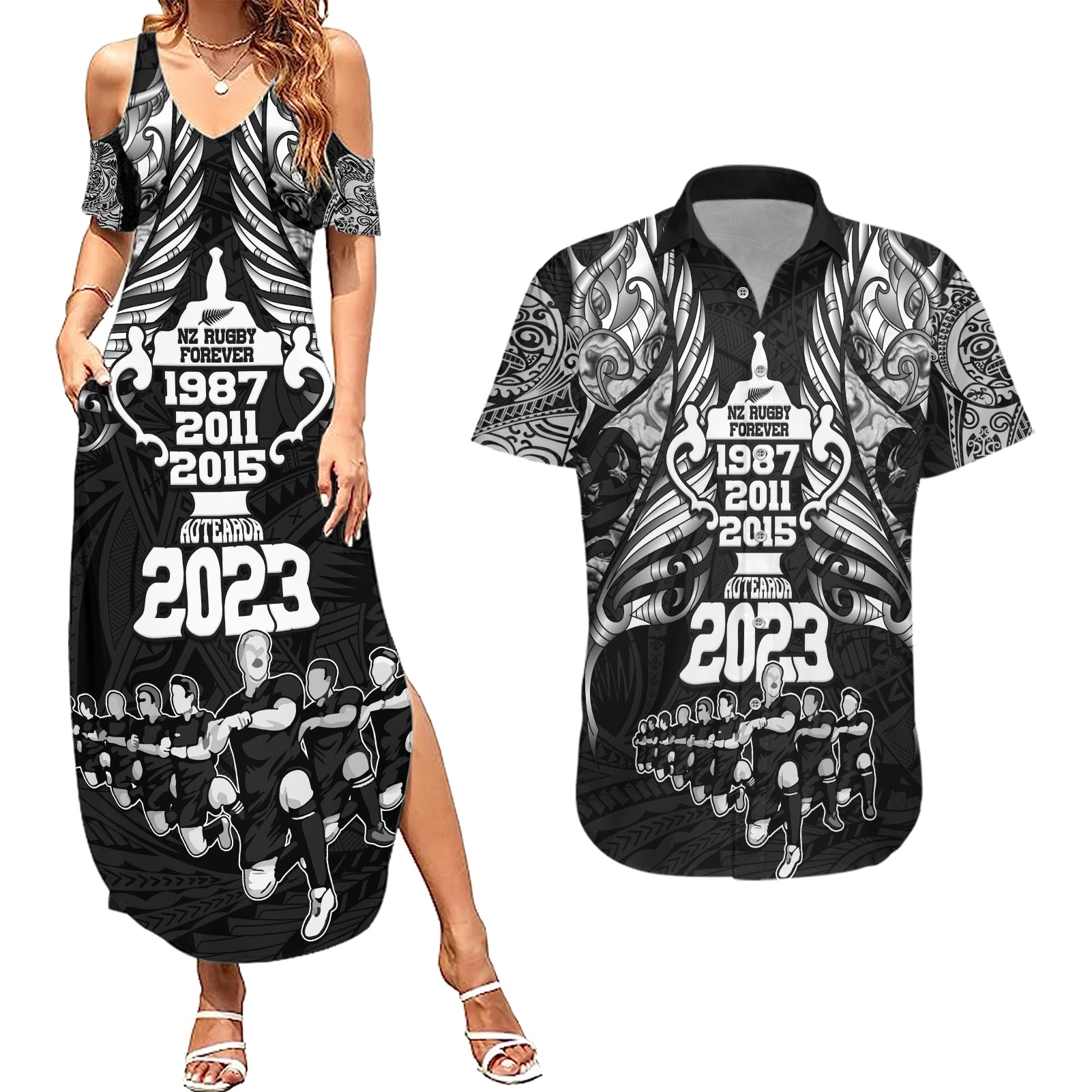 Custom New Zealand Rugby Couples Matching Summer Maxi Dress and Hawaiian Shirt Black Haka Dance With NZ Champions History LT9 Black - Polynesian Pride