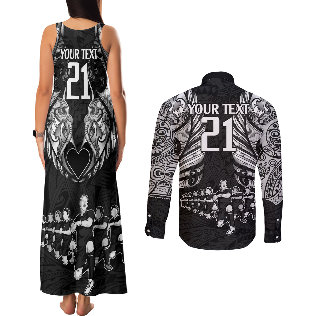 Custom New Zealand Rugby Couples Matching Tank Maxi Dress and Long Sleeve Button Shirt Black Haka Dance With NZ Champions History LT9 - Polynesian Pride