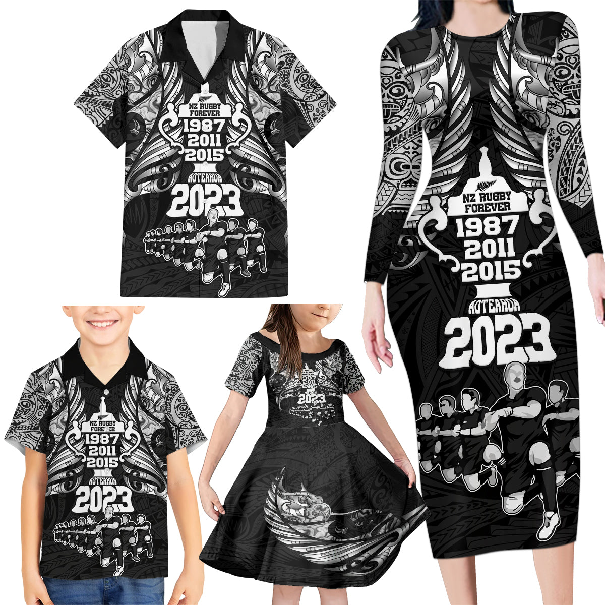 Custom New Zealand Rugby Family Matching Long Sleeve Bodycon Dress and Hawaiian Shirt Black Haka Dance With NZ Champions History LT9 - Polynesian Pride