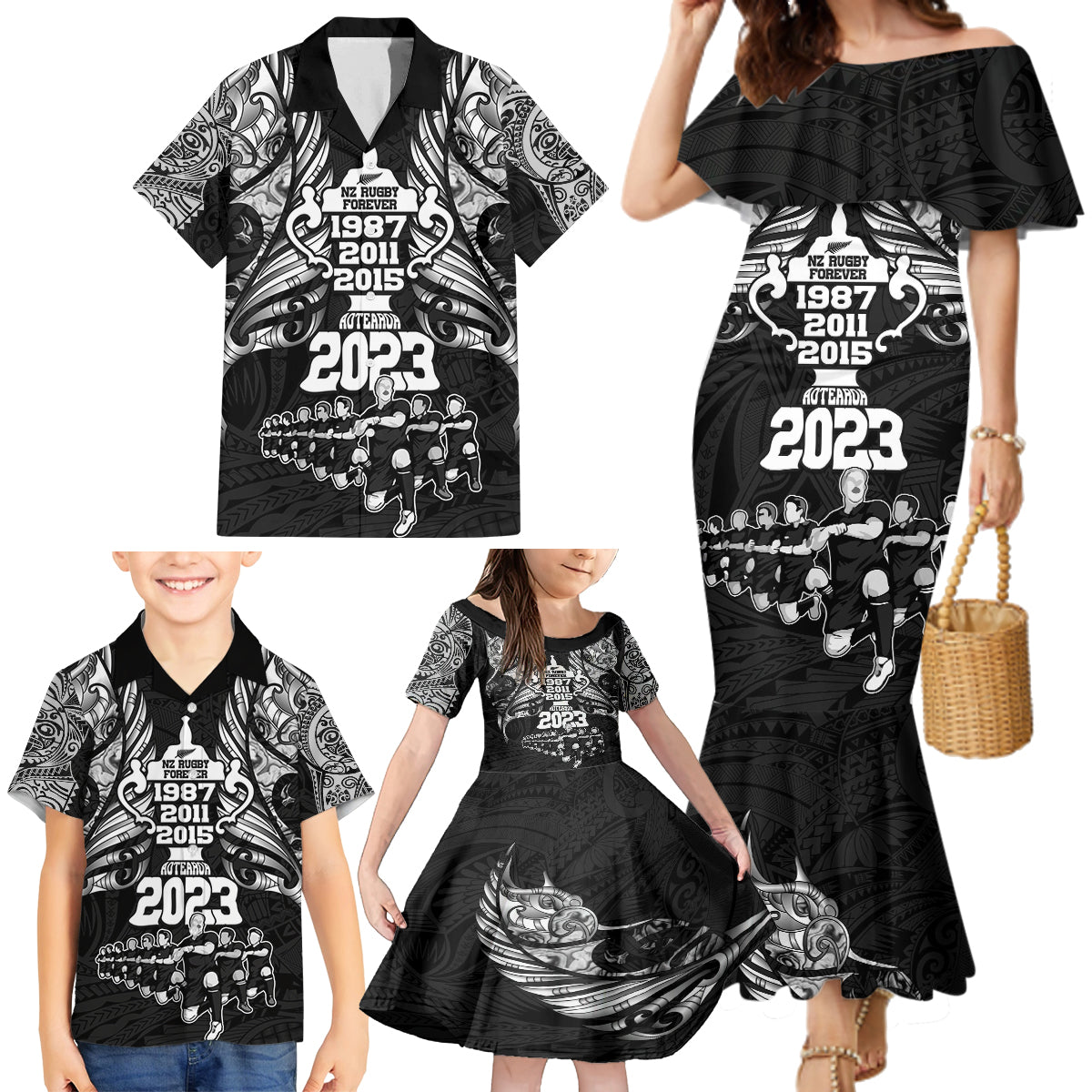 Custom New Zealand Rugby Family Matching Mermaid Dress and Hawaiian Shirt Black Haka Dance With NZ Champions History LT9 - Polynesian Pride