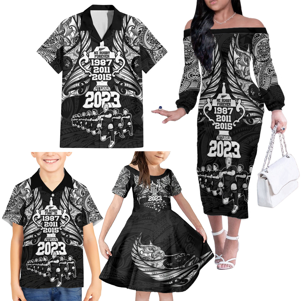 Custom New Zealand Rugby Family Matching Off Shoulder Long Sleeve Dress and Hawaiian Shirt Black Haka Dance With NZ Champions History LT9 - Polynesian Pride