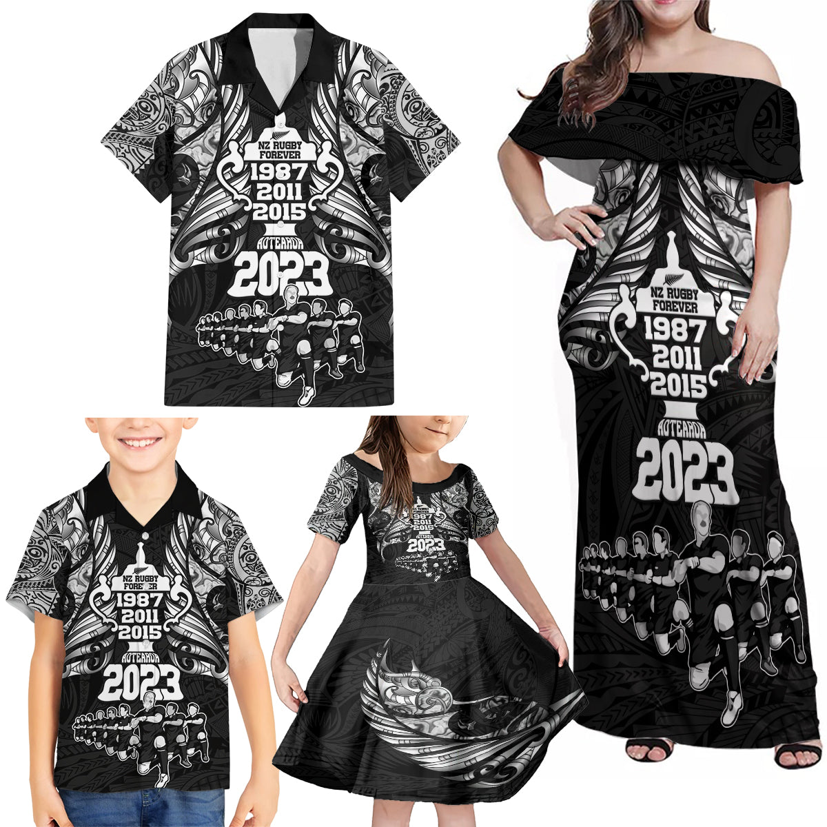 Custom New Zealand Rugby Family Matching Off Shoulder Maxi Dress and Hawaiian Shirt Black Haka Dance With NZ Champions History LT9 - Polynesian Pride