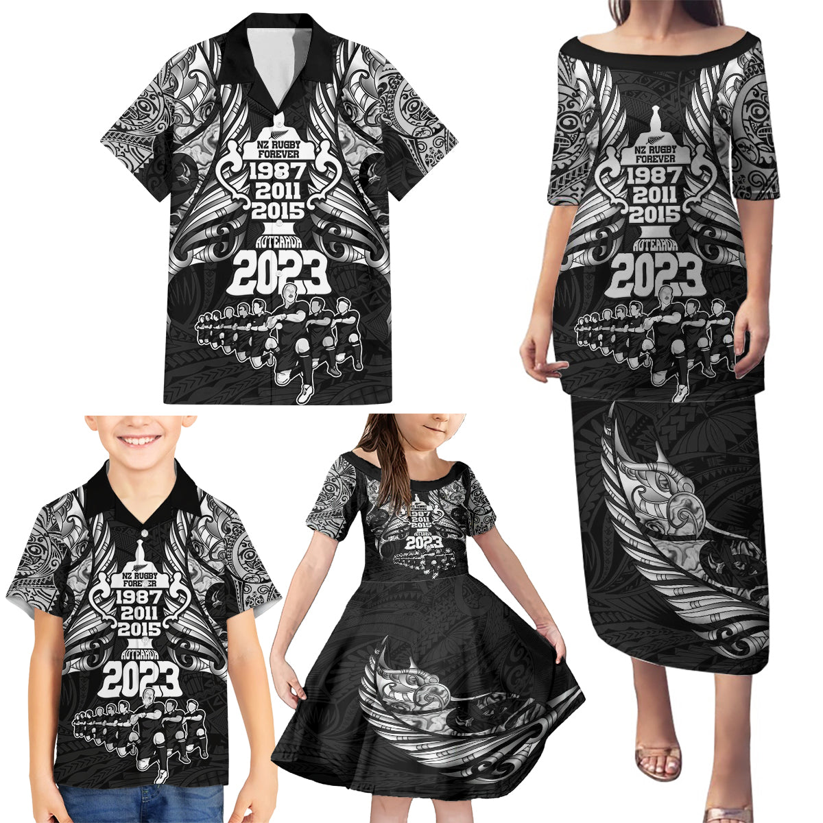 Custom New Zealand Rugby Family Matching Puletasi Dress and Hawaiian Shirt Black Haka Dance With NZ Champions History LT9 - Polynesian Pride