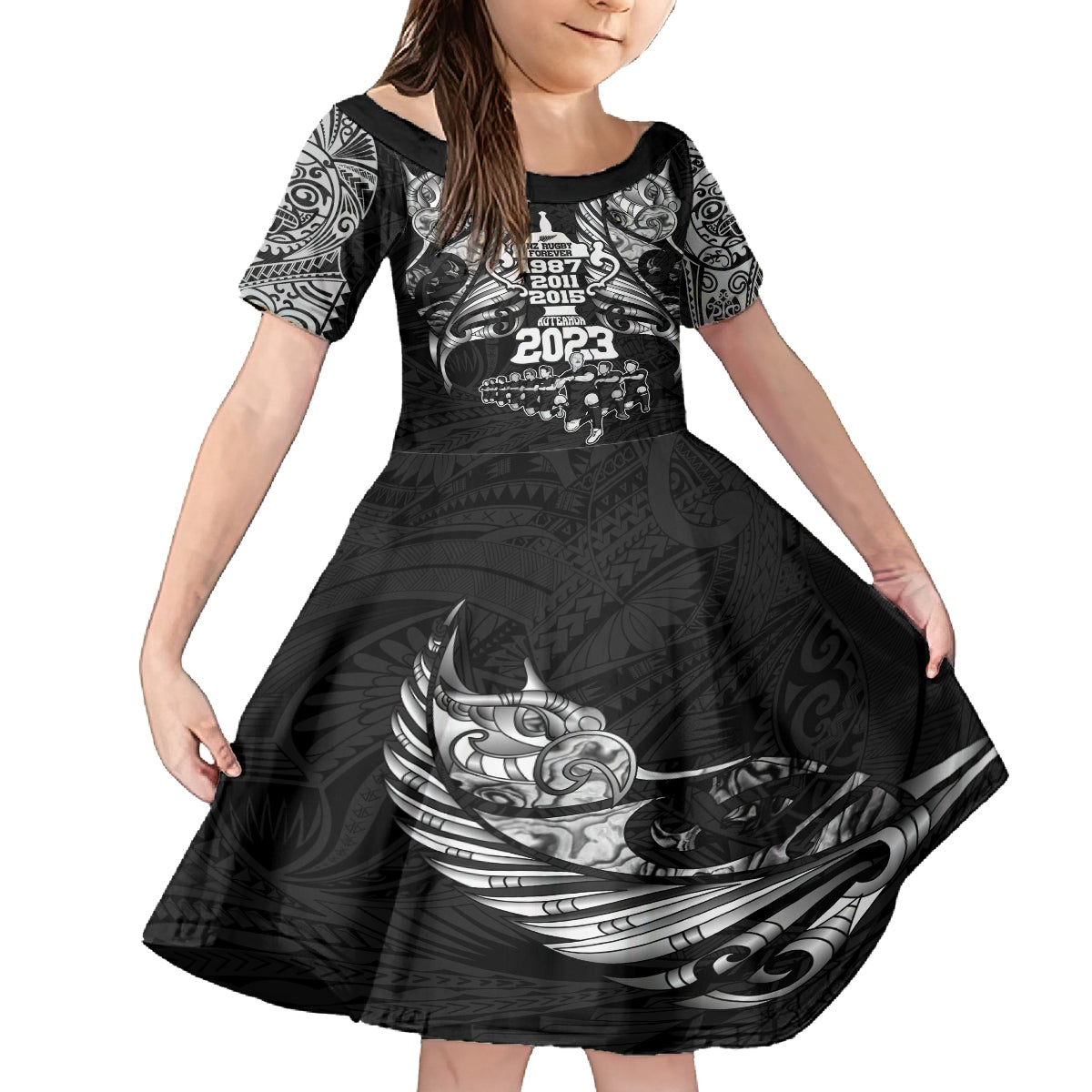 Custom New Zealand Rugby Kid Short Sleeve Dress Black Haka Dance With NZ Champions History LT9 KID Black - Polynesian Pride