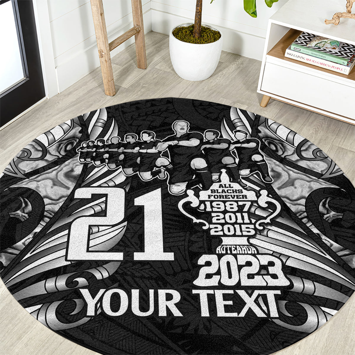 Custom New Zealand Rugby Round Carpet Black Haka Dance With NZ Champions History LT9 Black - Polynesian Pride