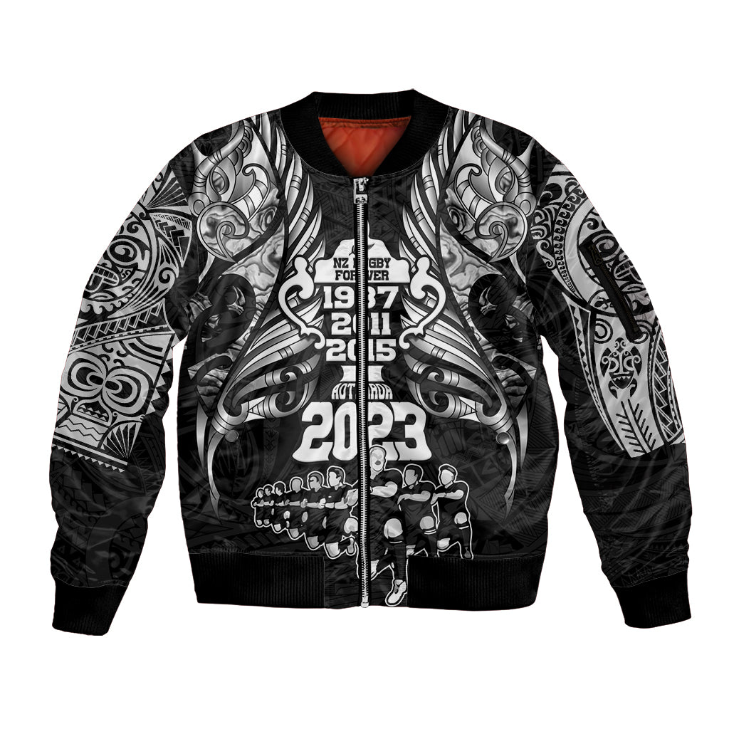 Custom New Zealand Rugby Sleeve Zip Bomber Jacket Black Haka Dance With NZ Champions History LT9 Unisex Black - Polynesian Pride