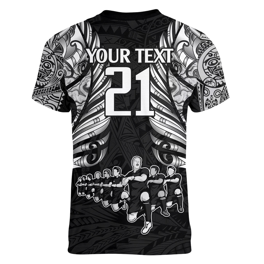 Custom New Zealand Rugby Women V Neck T Shirt Black Haka Dance With NZ Champions History LT9 - Polynesian Pride