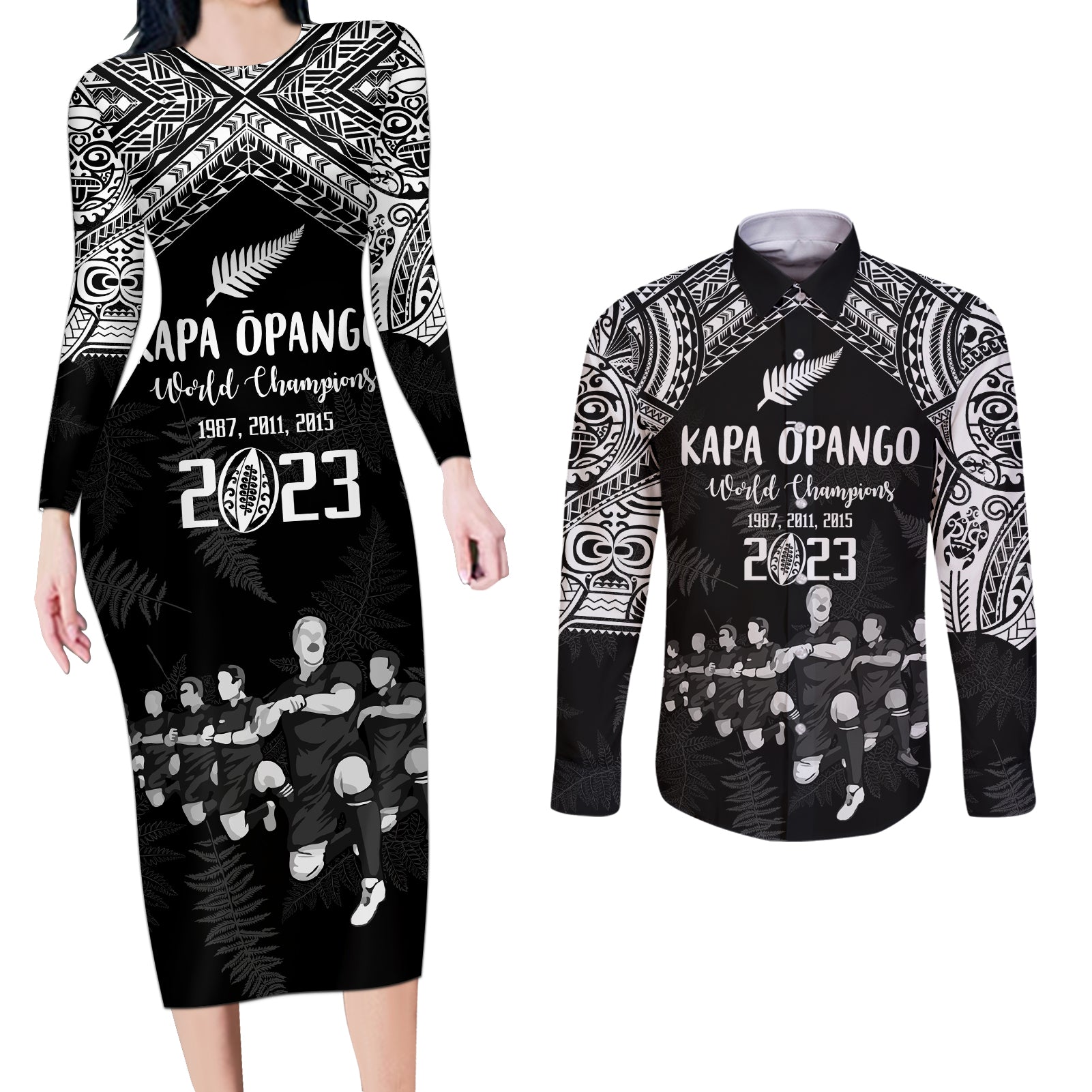 NZ Rugby Couples Matching Long Sleeve Bodycon Dress and Long Sleeve Button Shirt Kapa Opango Maori Haka With Years of The All Black Champions LT9 Black - Polynesian Pride