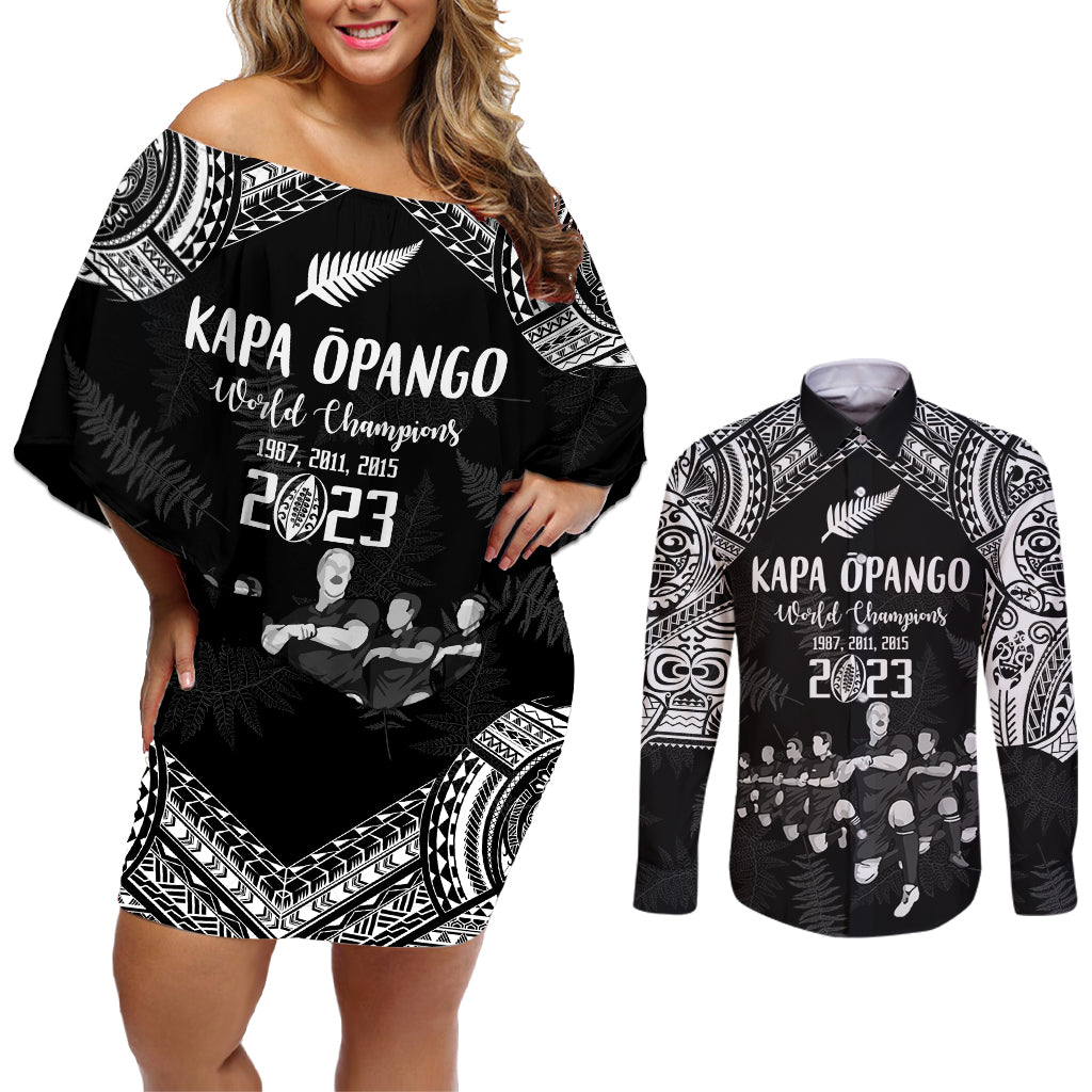 NZ Rugby Couples Matching Off Shoulder Short Dress and Long Sleeve Button Shirt Kapa Opango Maori Haka With Years of The All Black Champions LT9 Black - Polynesian Pride