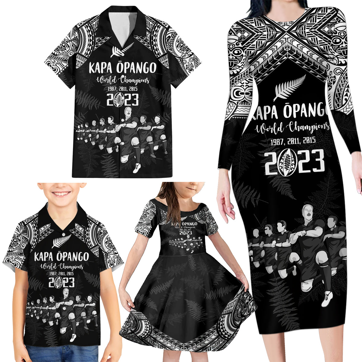 NZ Rugby Family Matching Long Sleeve Bodycon Dress and Hawaiian Shirt Kapa Opango Maori Haka With Years of The All Black Champions LT9 - Polynesian Pride