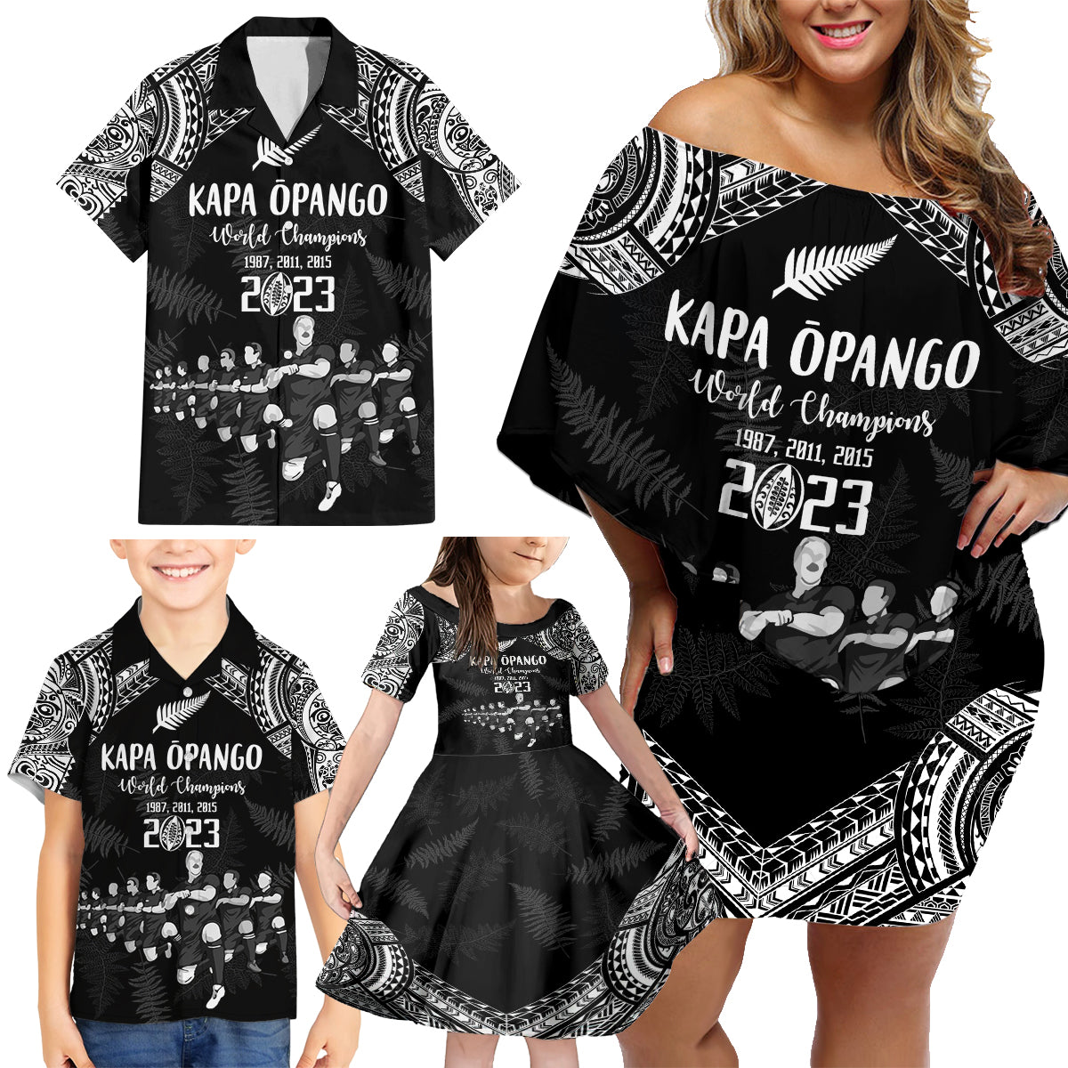 NZ Rugby Family Matching Off Shoulder Short Dress and Hawaiian Shirt Kapa Opango Maori Haka With Years of The All Black Champions LT9 - Polynesian Pride