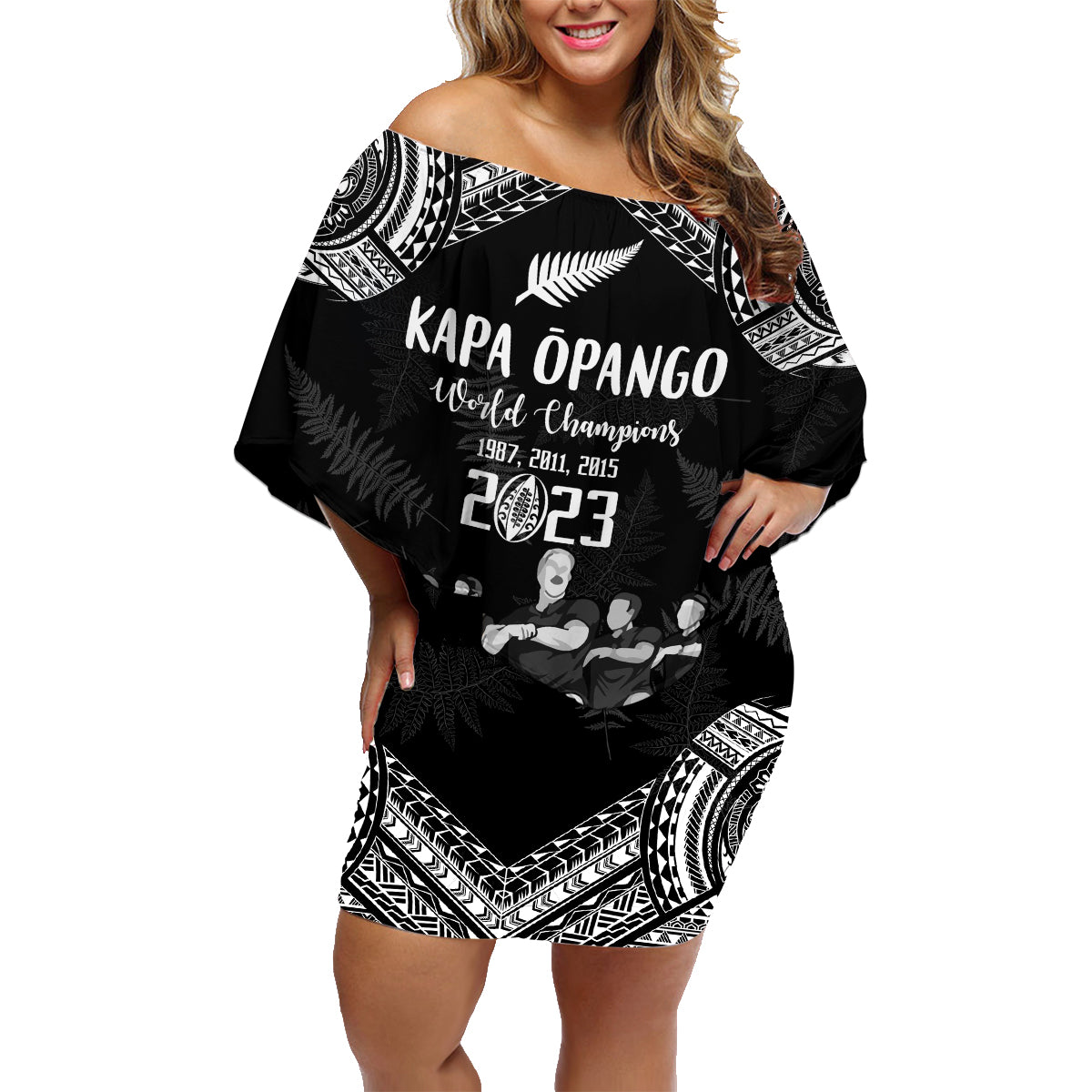 NZ Rugby Family Matching Off Shoulder Short Dress and Hawaiian Shirt Kapa Opango Maori Haka With Years of The All Black Champions LT9 Mom's Dress Black - Polynesian Pride