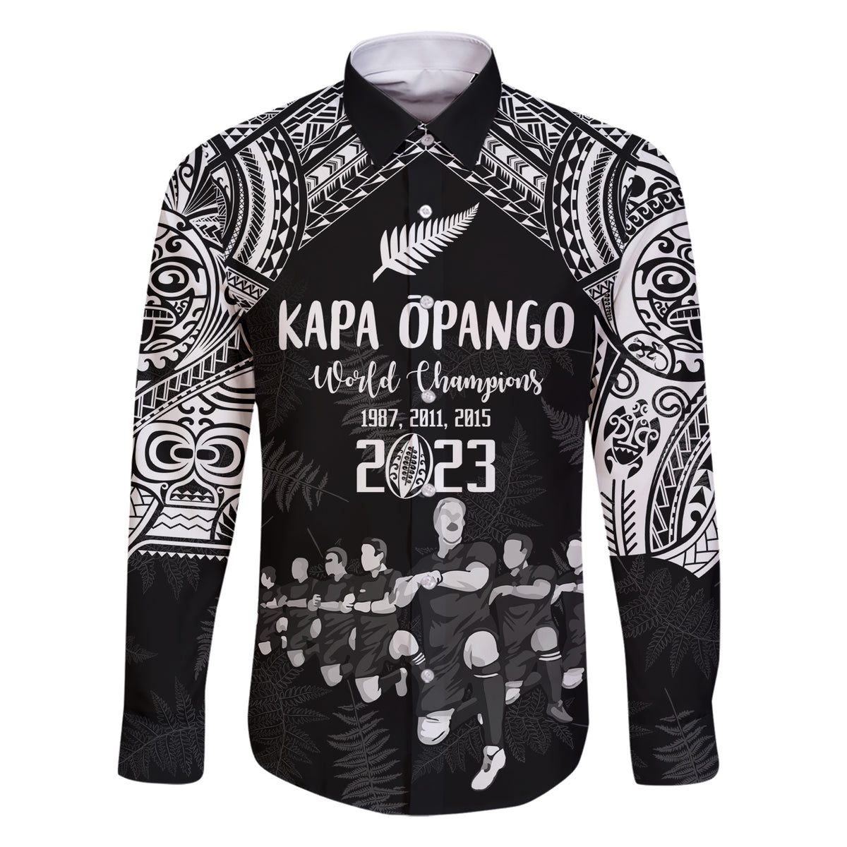 NZ Rugby Family Matching Short Sleeve Bodycon Dress and Hawaiian Shirt Kapa Opango Maori Haka With Years of The All Black Champions LT9 Dad's Shirt - Long Sleeve Black - Polynesian Pride
