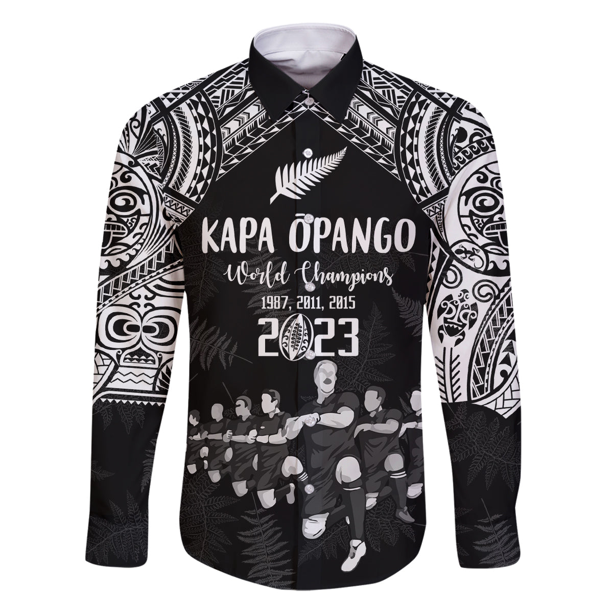 NZ Rugby Family Matching Summer Maxi Dress and Hawaiian Shirt Kapa Opango Maori Haka With Years of The All Black Champions LT9 Dad's Shirt - Long Sleeve Black - Polynesian Pride