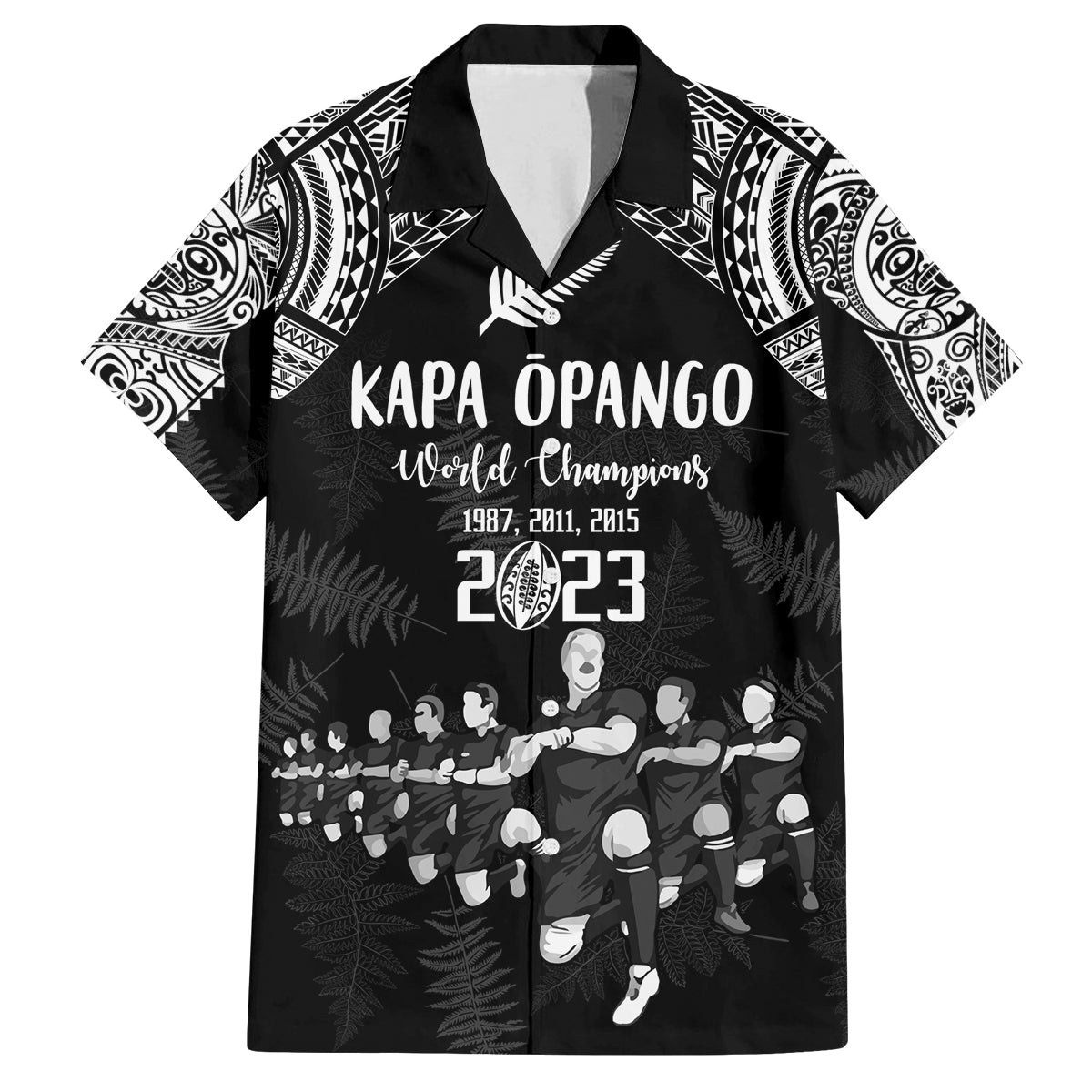 NZ Rugby Family Matching Tank Maxi Dress and Hawaiian Shirt Kapa Opango Maori Haka With Years of The All Black Champions LT9 Dad's Shirt - Short Sleeve Black - Polynesian Pride