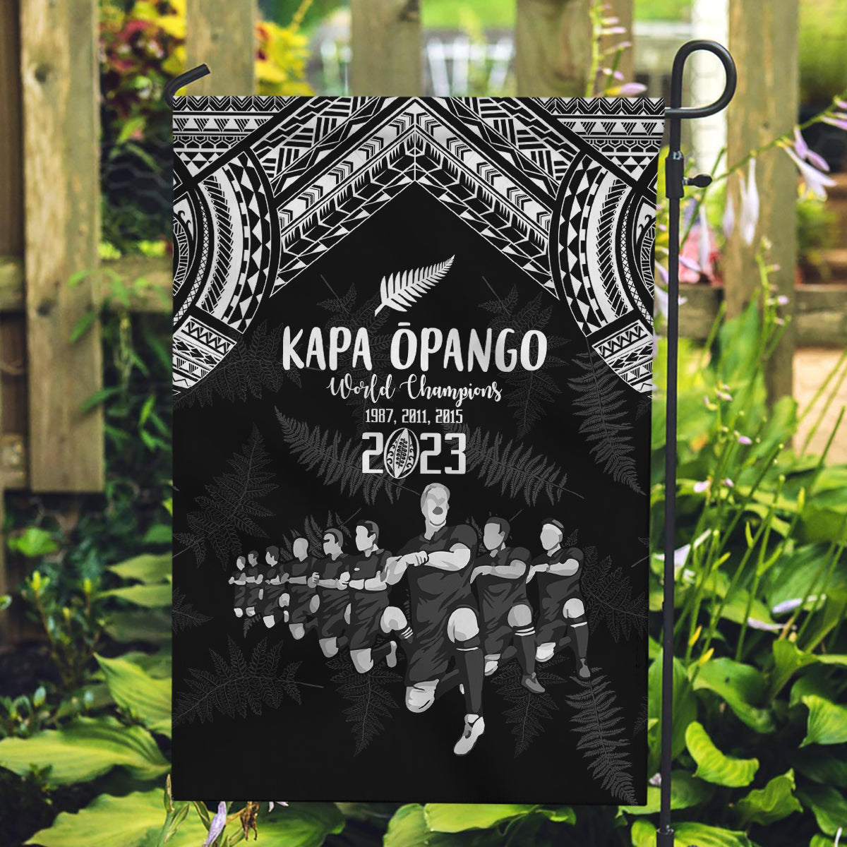 NZ Rugby Garden Flag Kapa Opango Maori Haka With Years of The All Black Champions LT9 Garden Flag Black - Polynesian Pride