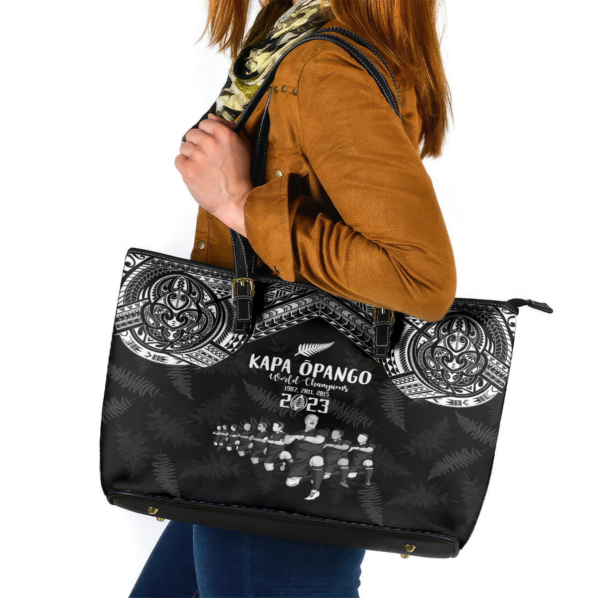 NZ Rugby Leather Tote Bag Kapa Opango Maori Haka With Years of The All Black Champions LT9 Black - Polynesian Pride