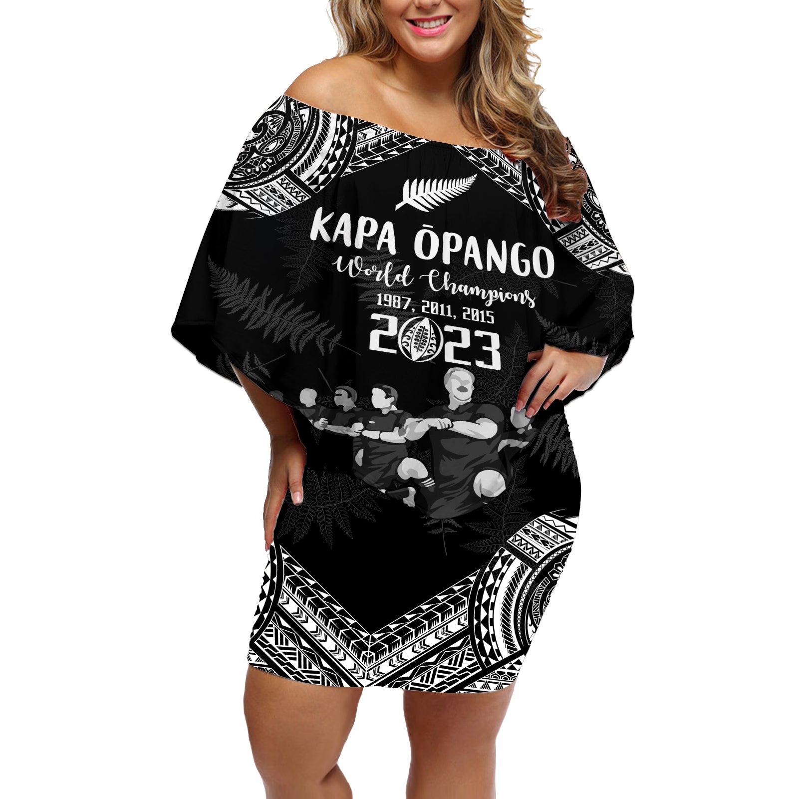 NZ Rugby Off Shoulder Short Dress Kapa Opango Maori Haka With Years of The All Black Champions LT9 Women Black - Polynesian Pride