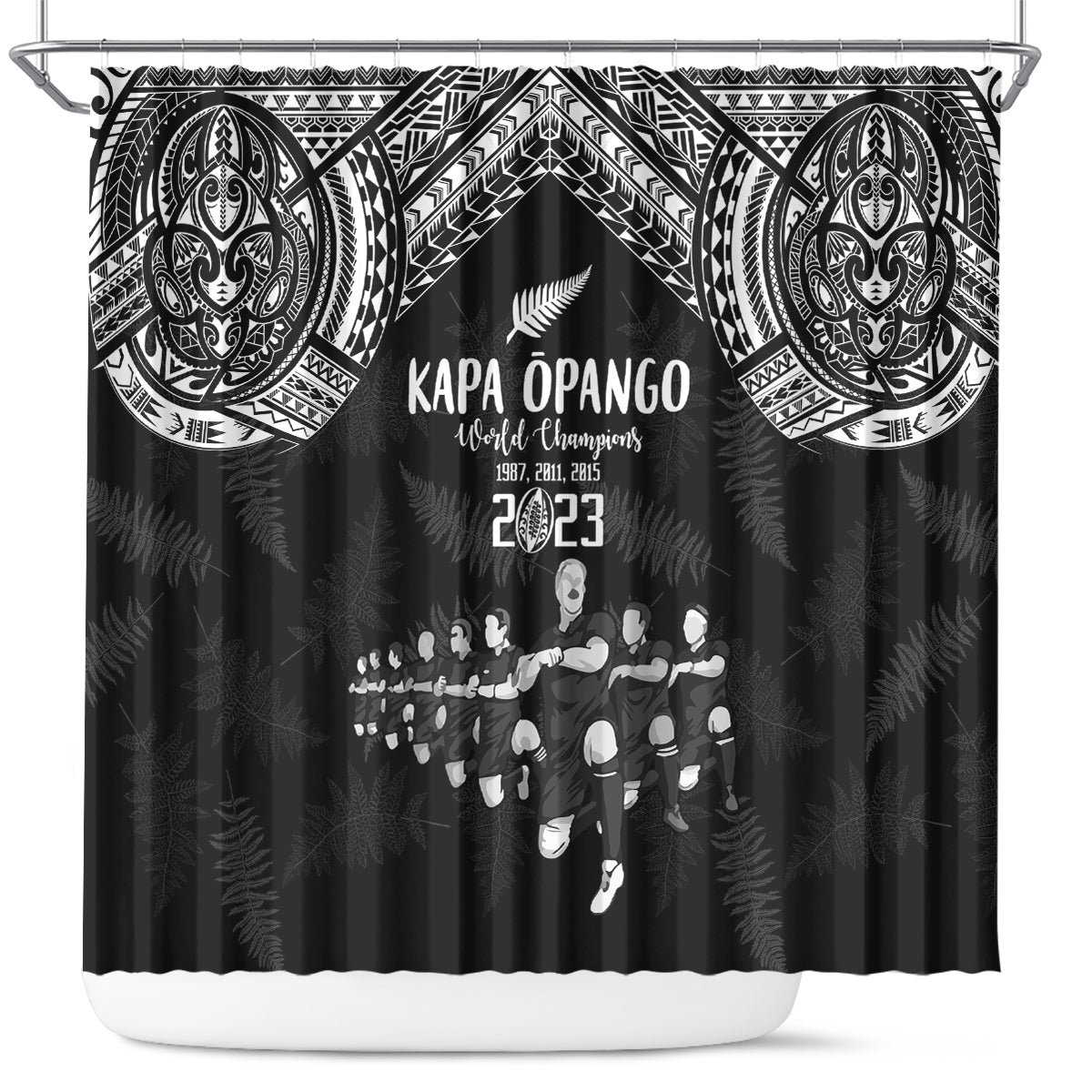 NZ Rugby Shower Curtain Kapa Opango Maori Haka With Years of The All Black Champions LT9 Black - Polynesian Pride