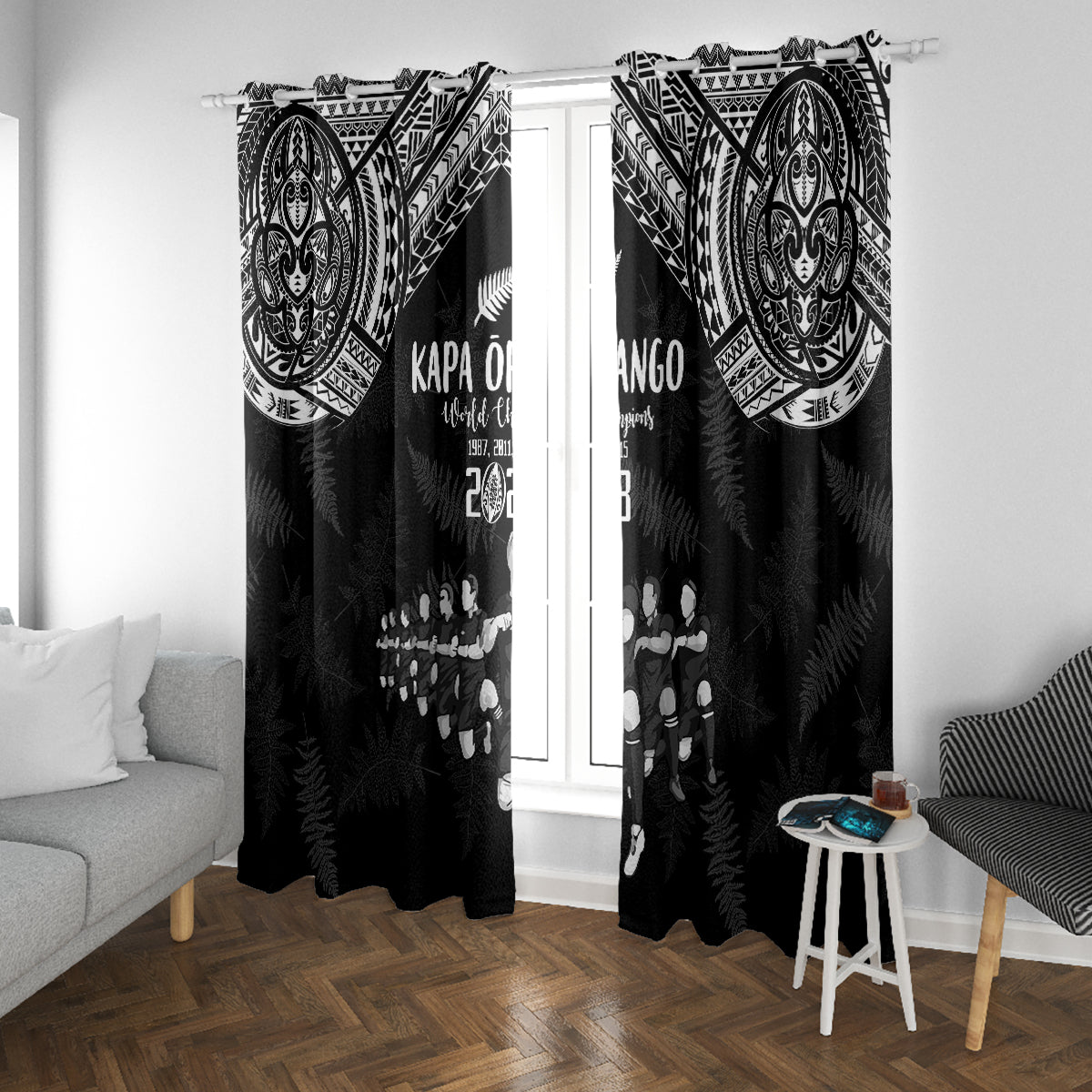 NZ Rugby Window Curtain Kapa Opango Maori Haka With Years of The All Black Champions LT9 With Grommets Black - Polynesian Pride