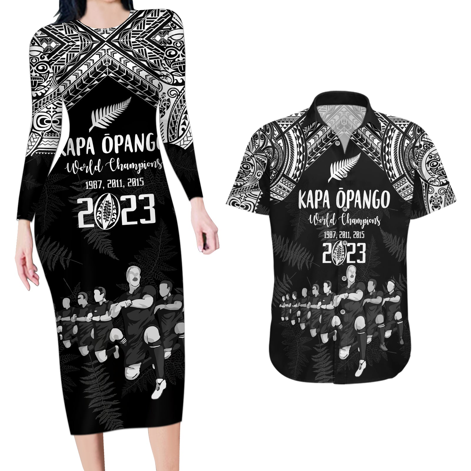 Custom NZ Rugby Couples Matching Long Sleeve Bodycon Dress and Hawaiian Shirt Kapa Opango Maori Haka With Years of The All Black Champions LT9 Black - Polynesian Pride