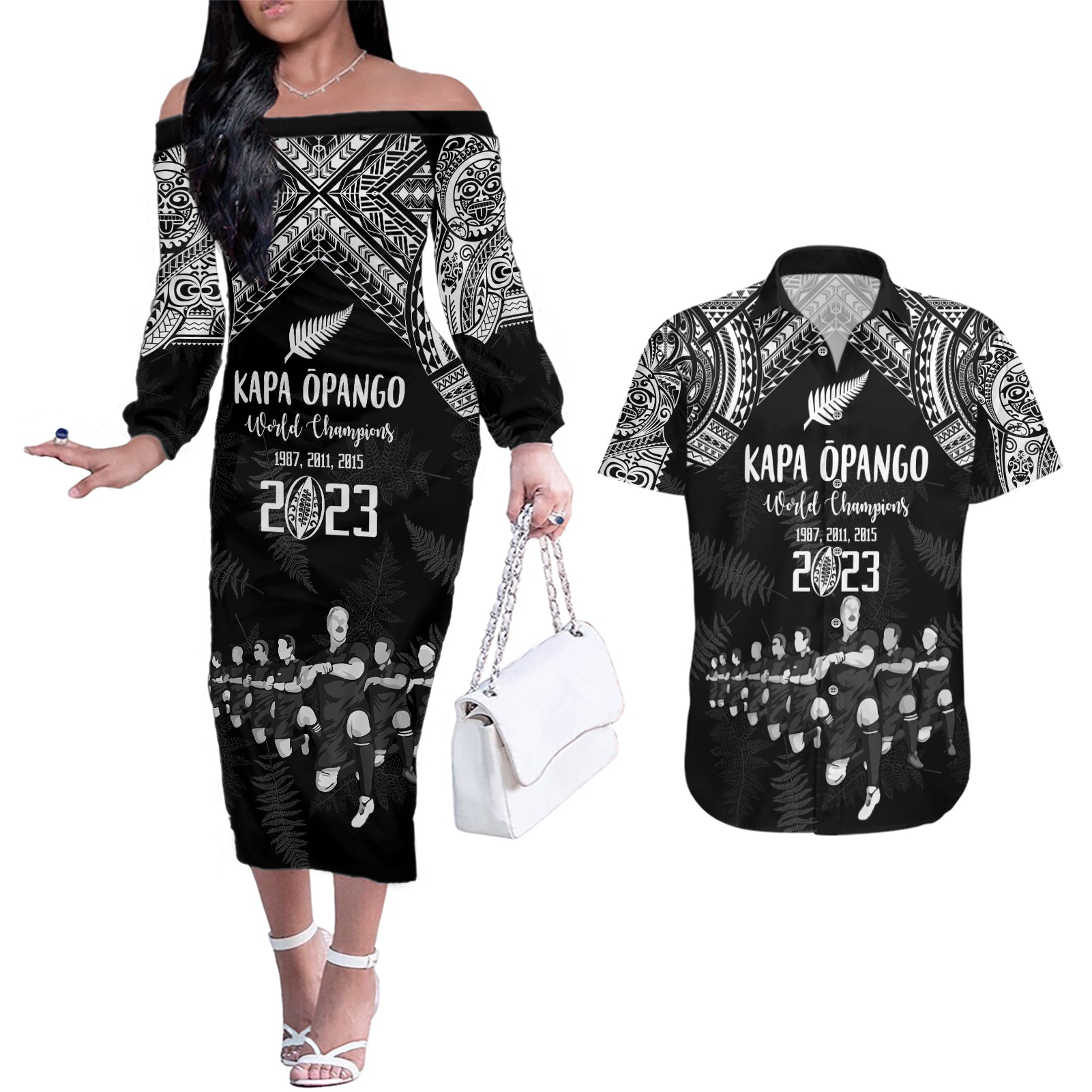 Custom NZ Rugby Couples Matching Off The Shoulder Long Sleeve Dress and Hawaiian Shirt Kapa Opango Maori Haka With Years of The All Black Champions LT9 Black - Polynesian Pride