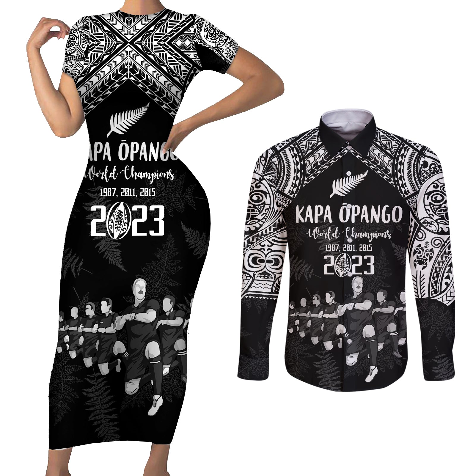 Custom NZ Rugby Couples Matching Short Sleeve Bodycon Dress and Long Sleeve Button Shirt Kapa Opango Maori Haka With Years of The All Black Champions LT9 Black - Polynesian Pride