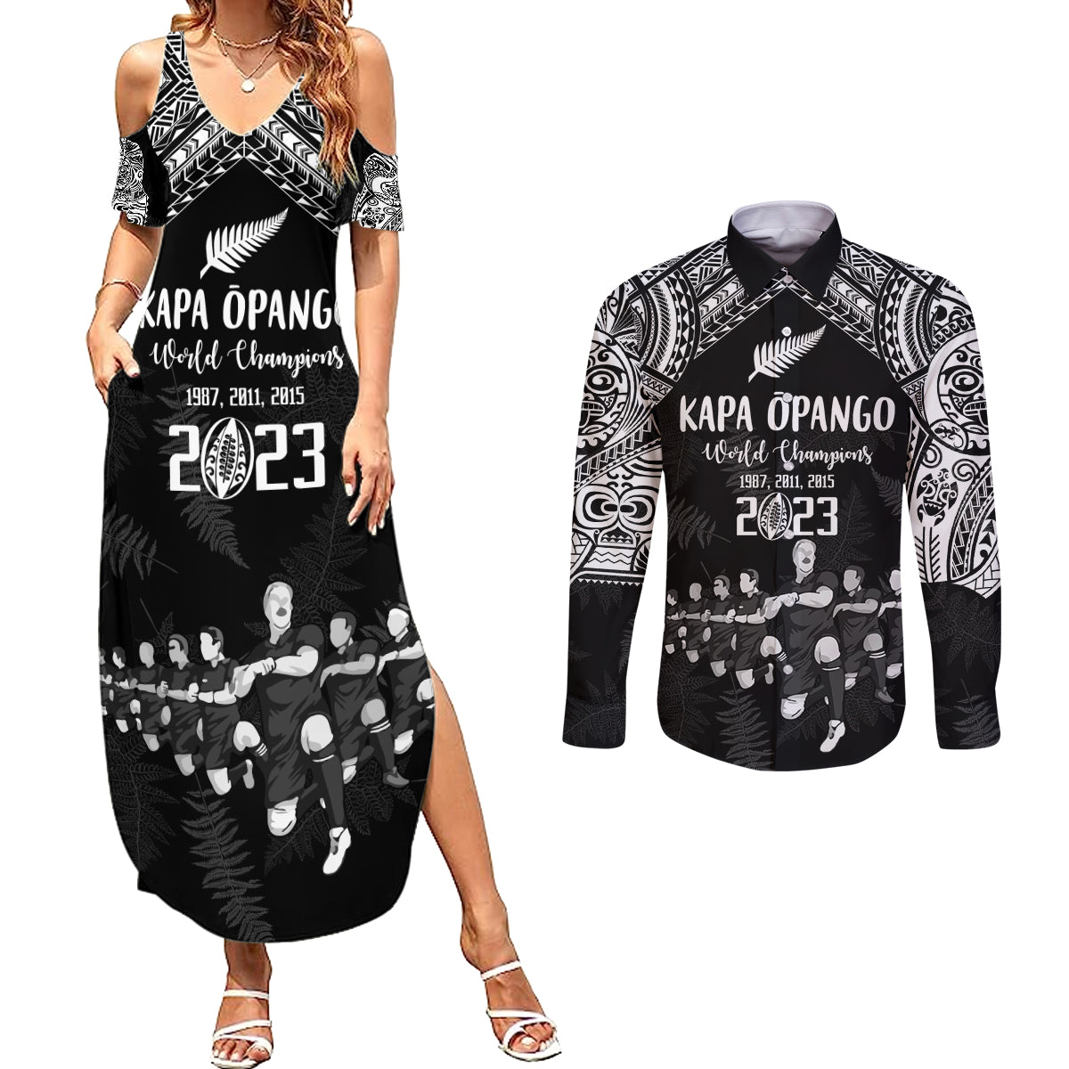 Custom NZ Rugby Couples Matching Summer Maxi Dress and Long Sleeve Button Shirt Kapa Opango Maori Haka With Years of The All Black Champions LT9 Black - Polynesian Pride